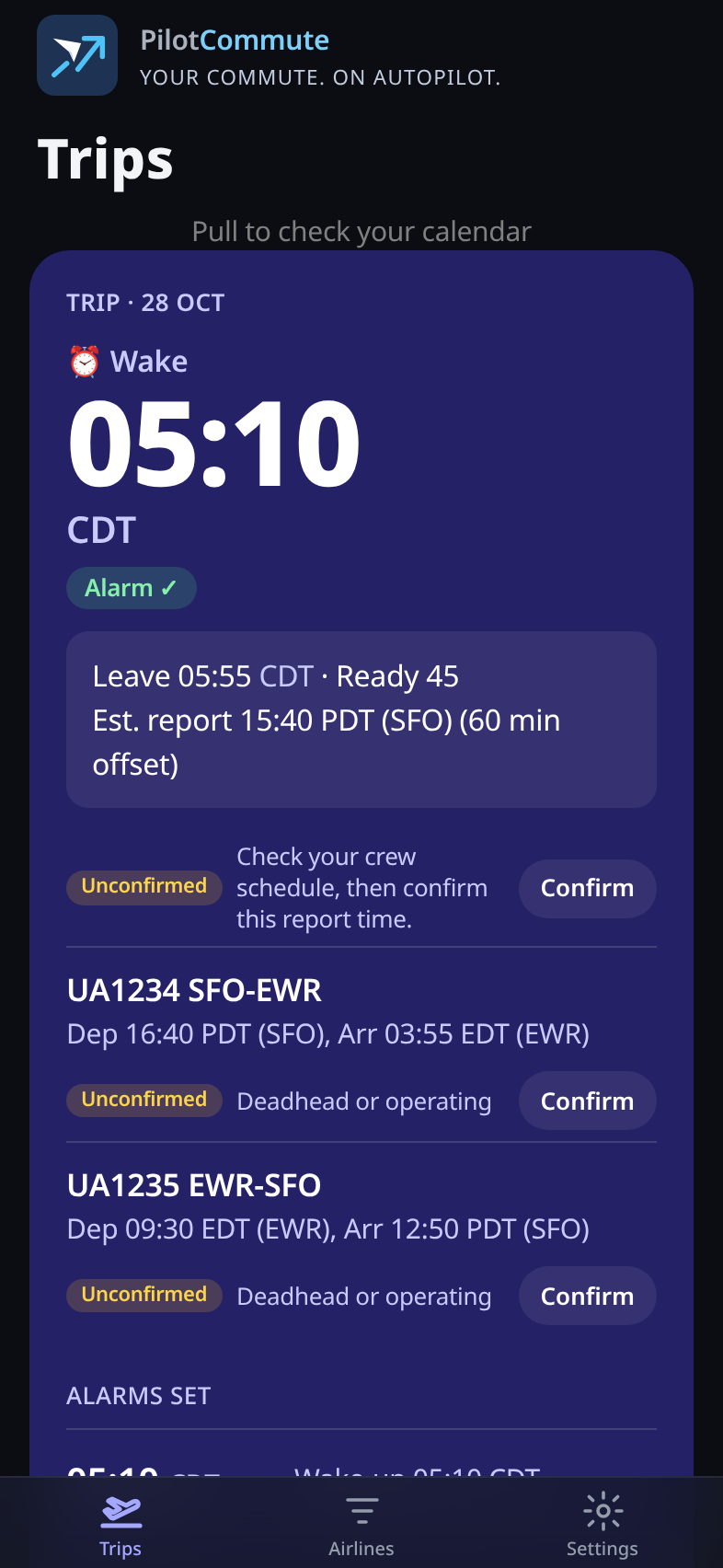 PilotCommute trip card from the current build